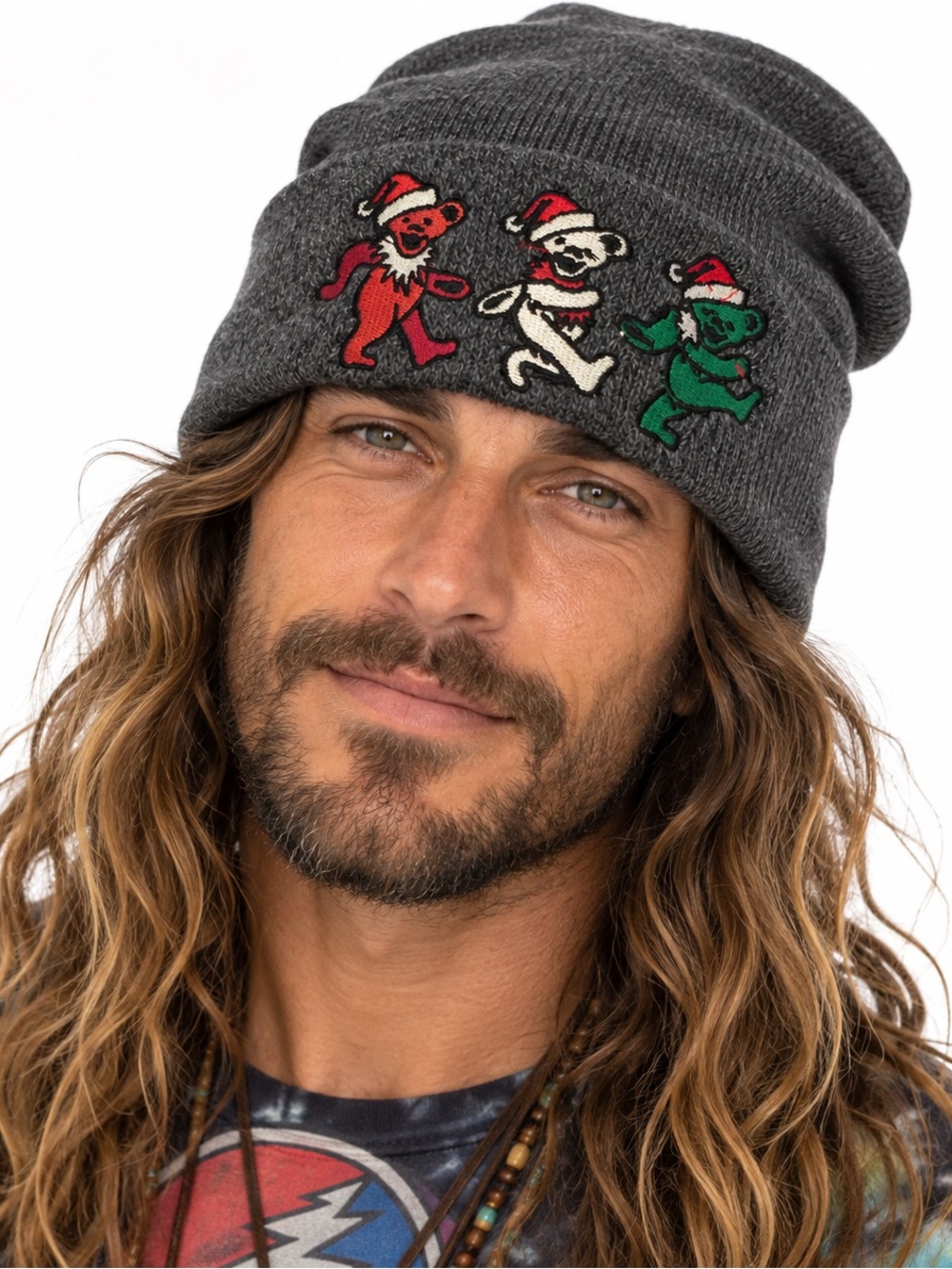 Grateful Dead Dancing Bears Santa Hat Knit Beanie Gray NWT Holiday Deadhead